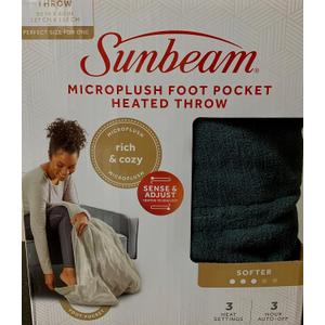Newell Brands Sunbeam MIcroplush Soft Electric Heated Throw Blanket with Foot Pockets 3 Heat Settings and Auto-Off, Grey, 50''x60'', Full Size