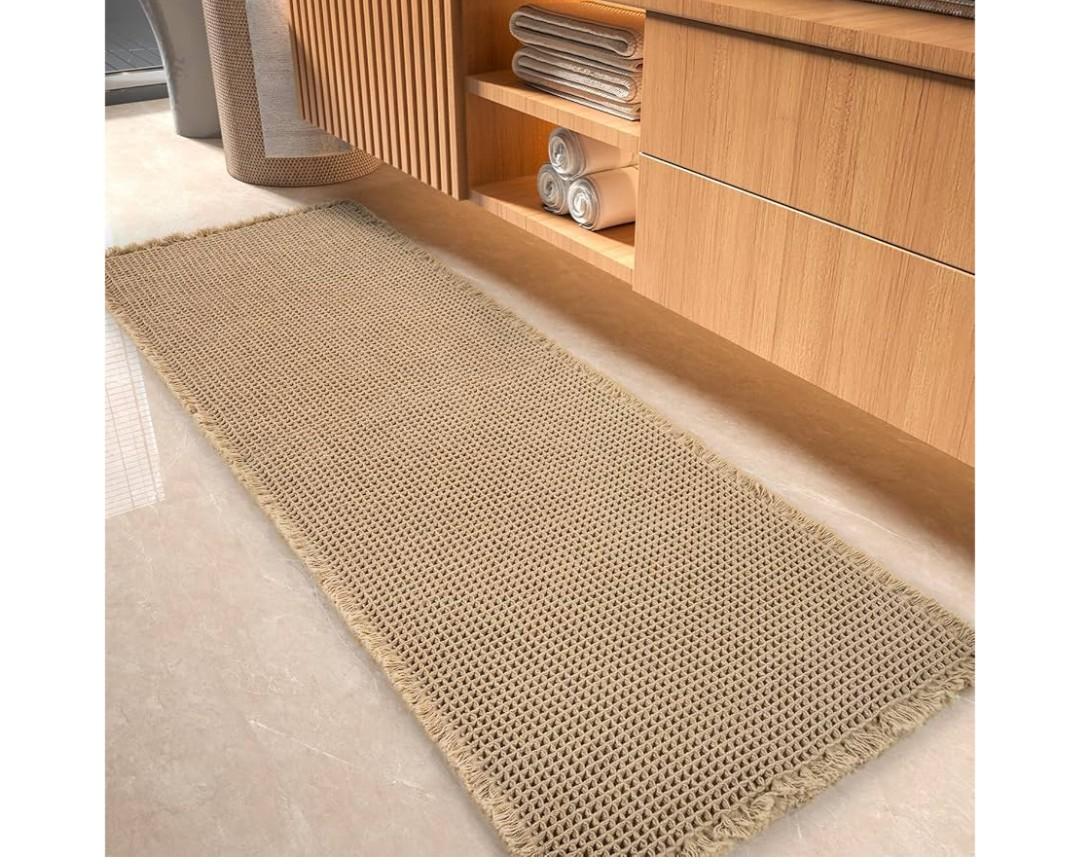 tchdio Waffle Bath Mat-Runner Rug, Super Absorbent Non Slip Bath Mats for BathroomMachine Washable Long Rugs with Tassels, Bath Rugs for Bathroom Floor Beside Tub, 2' x 5', Brown