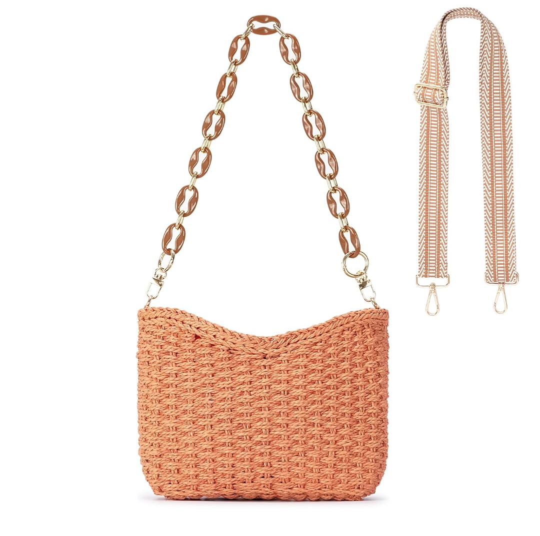 Herald Small Handmade Straw Pocketbook Crossbody Bag for Women, Summer Chic Woven Handbag Shoulder Purse with Chain