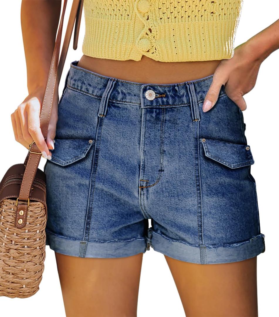 StunShow Women's Denim Shorts Mid Waist Jean Short (Blue, XL)