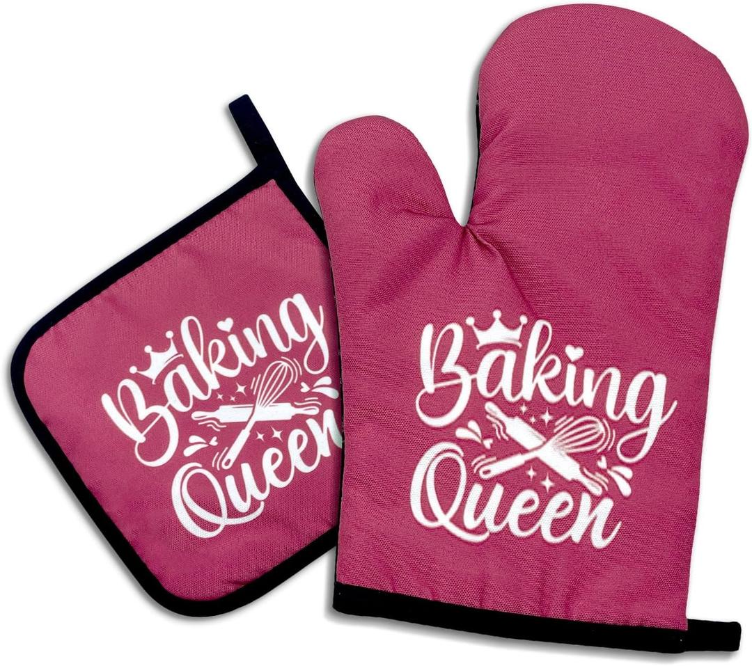 Baking Queen, Funny Oven Mitts and Pot Holders, Silicone Non-Slip Oven Mitts, Kitchen Gift for Women, Bake Lover Gift, Housewarming Gift Ideas