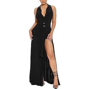 Women's Deep V Neck Long Dresses Sleeveless Collared Button Down High Split Cocktail Wedding Party Maxi Dress