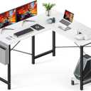 DUMOS L Shaped Desk Computer Gaming Corner Table 50 Inch Home Office Writing Student Work PC Workstation with Side Storage Bag CPU Stand for Bedroom Small Spaces (White)