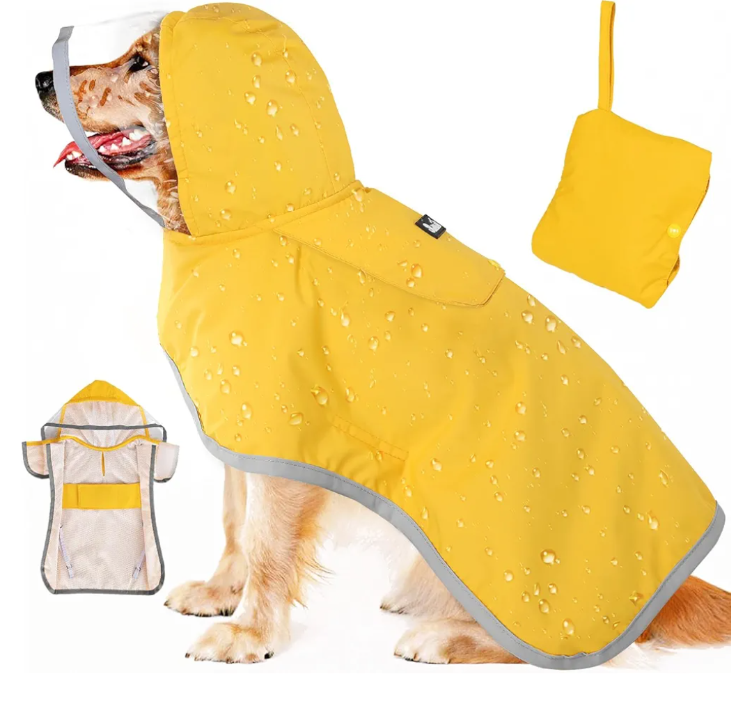 SlowTon Dog Raincoat, Adjustable Dog Rain Jacket Clear Hooded Double Layer, Waterproof Poncho with Reflective Strip Straps and Storage Pocket for Small Medium Large Dog (Yellow XL)
