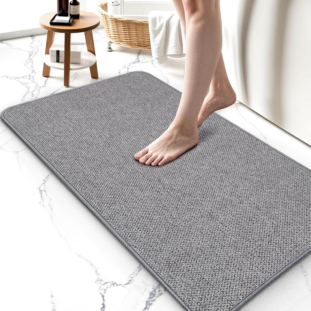 Thin Bathroom Rugs, Bath Mat Super Absorbent, Bath Rugs Rubber Backing Non-Slip, Quick Dry Machine Washable, Cozy Cloth Bathroom Mat fit Under Door/Sink/Bathtub/Area Rug Sets 17''x27''-Gray (Grey)