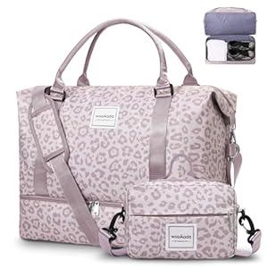 WOOMADA Weekender Overnight Bag for Women, Shoulder Travel Duffel with Shoes Compartment, Gym Bag with Toiletry Bag Large Size(pink leopard)