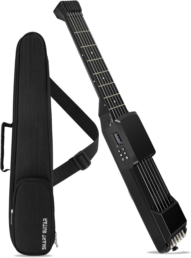 USB Charging Smart Acoustic Electric Pocket Travel Chord Practice Portable Guitar Neck for Beginner AI LCD (BLACK)