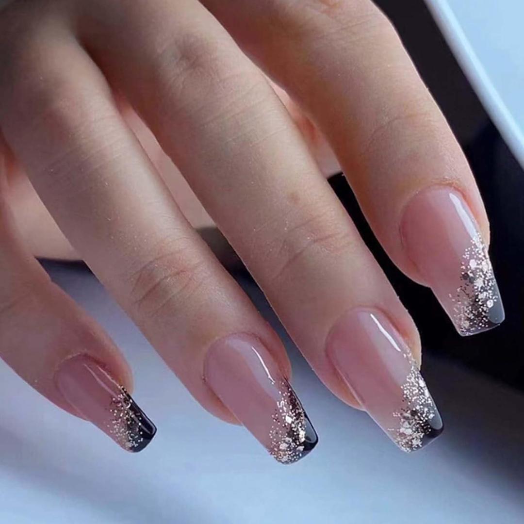 Medium Coffin Press on Nails French Cute False Nails Acrylic Bling Fake Nails Reusable Nails Tips for Women and Girls 24PCS