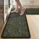 Collive Kitchen Mats for Floor, Cushioned Anti Fatigue Mat Dark Green Floral Rugs 2 Piece Non Skid Waterproof Sink Rug, Memory Foam Comfort Standing Mat for Office, Laundry, Desk, 17.3"x47"+17.3"x29"