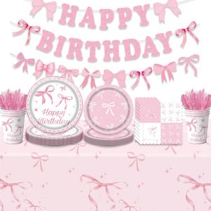 171Pcs Pink Bow Birthday Party Supplies Pink Bow Plates,Banner,Tabelcloth,Cups,Knives,Spoons,Forks,Baby Shower Girls Bow Party Decorations