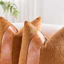 3 x Boucle Decorative Throw Pillow Covers 18"x18" Set of 2  Modern Textured Pillowcases with Faux Leather Contrast Stripe, Neutral Accent for Couch, Bed, or Chair  Leather Brown