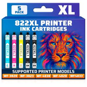 Reluen 5-Pack 822XL Printer Cartridges  High Capacity Replacement Set (2 Black, 3 Color) Compatible with WF-3820 / WF-4830 / WF-3823 / WF-4820 / WF-4833 / WF-4834 Printers