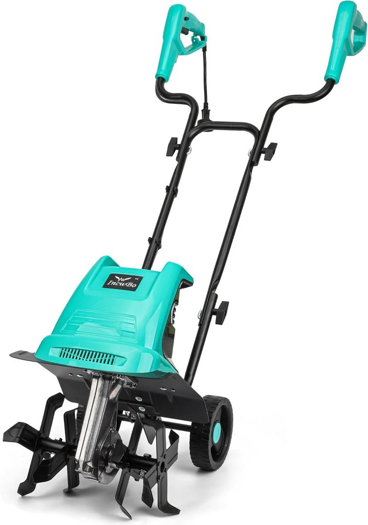 IncwBo 13.5 Amp 12 Inch Electric Tiller/Cultivator with 4 Steel Tines, 8'' Tilling Depth Small Garden Tiller for Gardening, Corded Rototiller with Adjustable Wheels