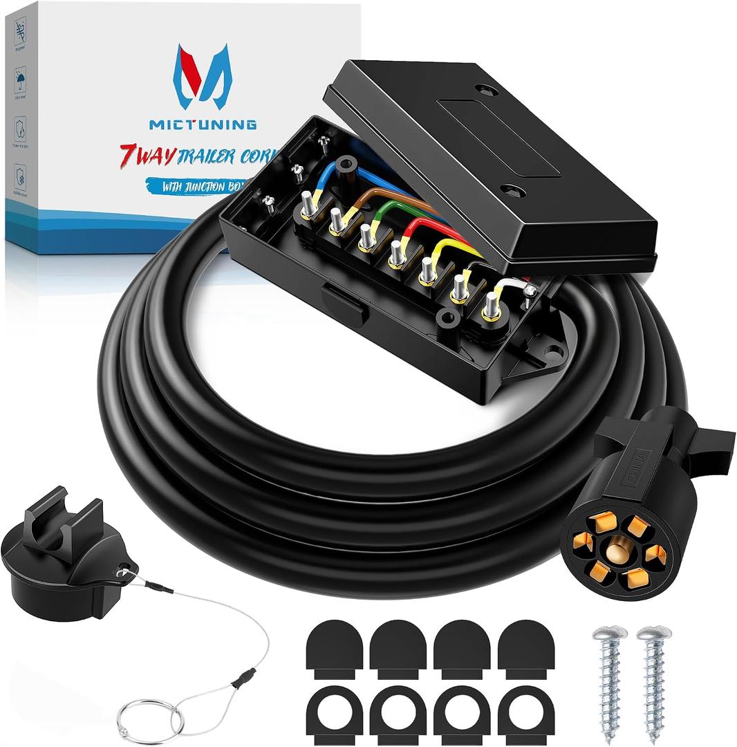 MICTUNING Heavy Duty 7 Way Plug Inline Trailer Cord with 7 Gang Junction Box 8 Feet, Weatherproof