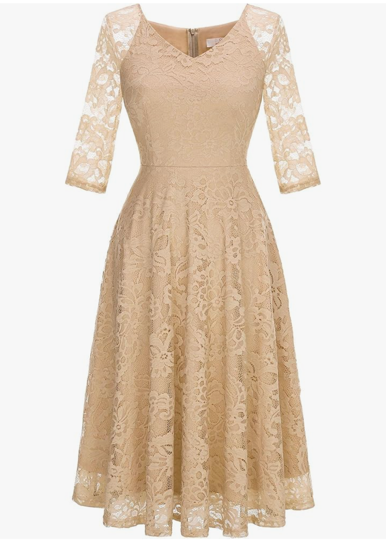 Dressystar Womens Long-Sleeve Wedding Guest Dress A-Line Lace Formal Party Cocktail Midi Dress Prom Gown, Champange, 6XL