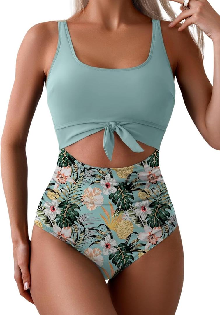 Eomenie Women's One Piece Swimsuit Tummy Control Slimming Bathing Suit Cutout Tie Knot Swimwear (Large, Green Print)