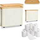 24 L Toilet Paper Storage Basket, Collapsible Bathroom Toilet Paper Holder Tall Slim Laundry Hamper with Lid Wood Toilet Roll Organizer for Bathroom Holds Up to 9-12 Rolls (Beige)