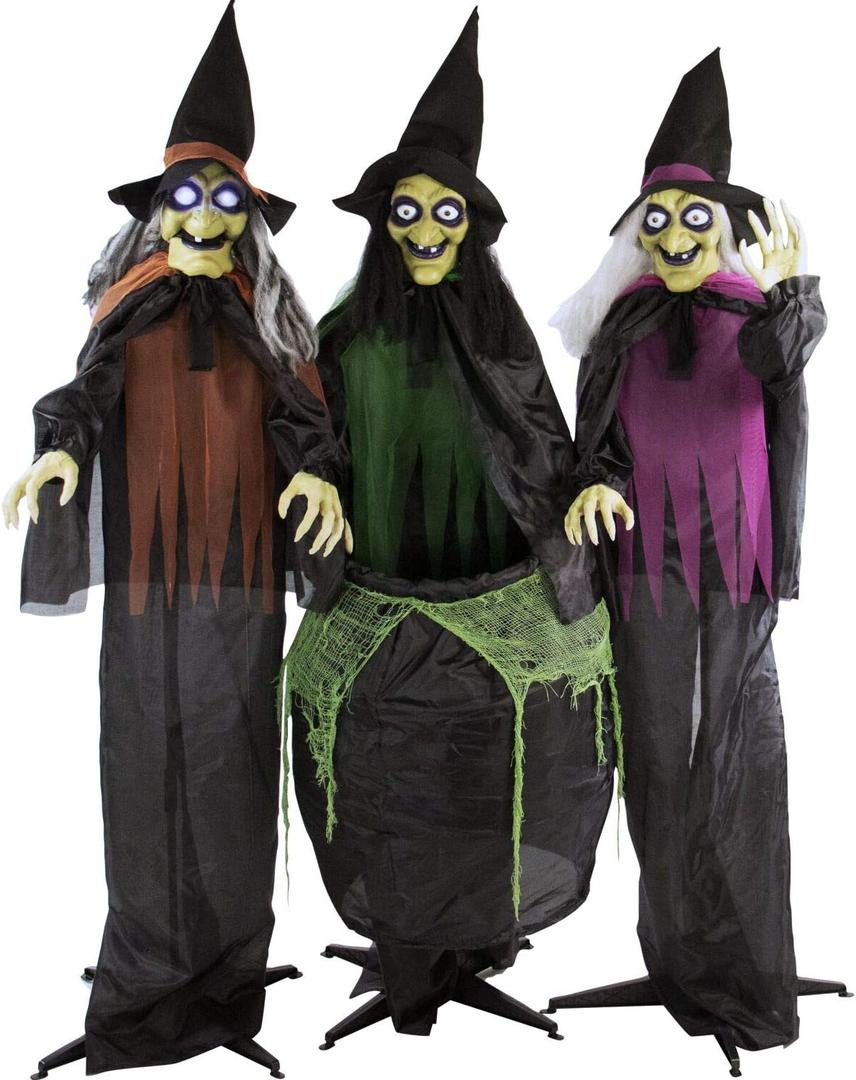 Haunted Hill Farm Life-Size Scary Talking 3 Witches with Cauldron Halloween Animatronic, Indoor or Covered Outdoor Poseable Halloween Decorations with Light up Eyes and Sound, Battery Operated