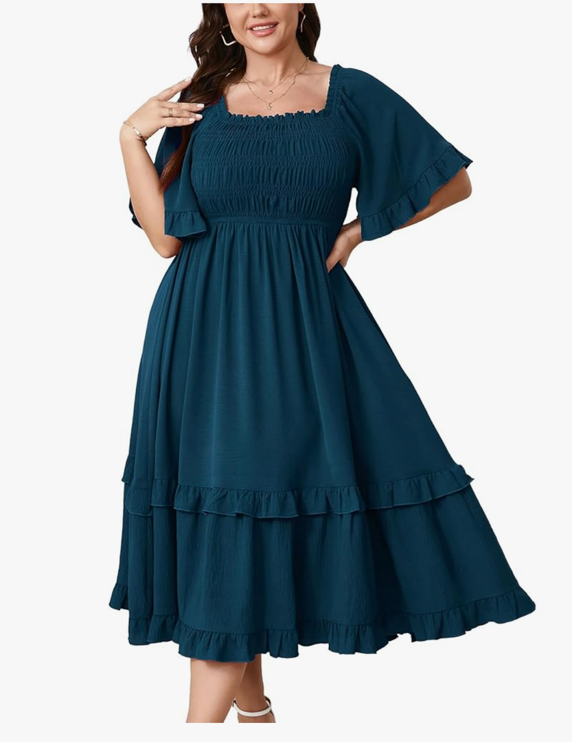 SCOMCHIC Women's Plus Size Maxi Dresses Summer Short Sleeve Square Neck Smocked Wedding Guest Cocktail Boho Long Dress 2XL