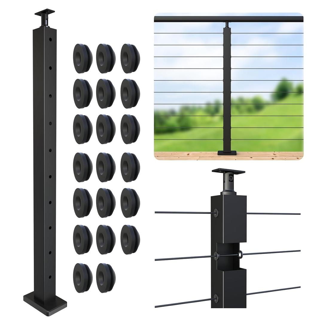 Level Drilled Cable Railing Post 36" (35"X2"x2"), Angle Bracket Stainless Steel Deck Railing Post, Black Level Holes Railing Post for Horizontal Cable Systems, Surface Mount Post for Decks (1)