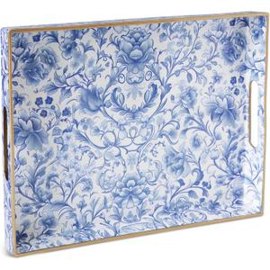 Serving Tray with Handles, Rectangular Plastic Tray 15.75x11.81 Inch, Blue and White Peony Chinese Porcelain Style Decorative Tray for Kitchen, Dining Table, Vanity, Office & Home
