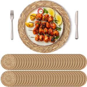 Set of 60 Round Woven Placemats 13.8 Inches Bulrush Placemats Natural Hand-Woven Boho Rattan Placemat Wicker Table Mats Farmhouse Weave Place Mats for Home Dining