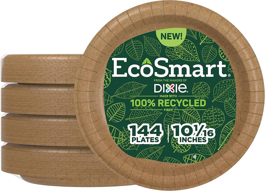 Dixie EcoSmart 100% Recycled Fiber Paper Plates, 10 in, 144 Count (Pack of 4), Large Disposable Plate Great for Breakfast, Lunch, and Dinner Meals