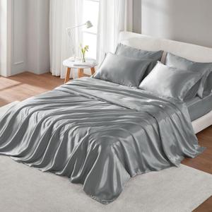 Madison Park Essentials Satin Sheet Set Luxury and Silky with Natural Sheen, Elastic 14" Pocket fits up to 16" Mattress, All Around Elastic - Year-Round Bedding, Cal King, Grey, 6 Piece Madison Park Essentials Satin Sheet Set Luxury and Silky with Natural Sheen, Elastic 14" Pocket fits up to 16" Mattress, All Around Elastic - Year-Round Bedding, Cal King, Grey, 6 Piece