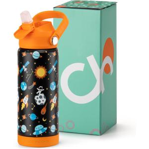 Choco Mocha Kids Water Bottle For School, Kids Insulated Space Water Bottle Stainless Steel, Boys 18Oz, Black & Orange