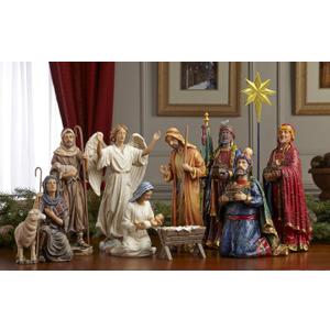 Nativity Scene Set with 11 Pieces - Magi, Angel, Shepherds, Jesus, Real Gold Trunk (14 inch)