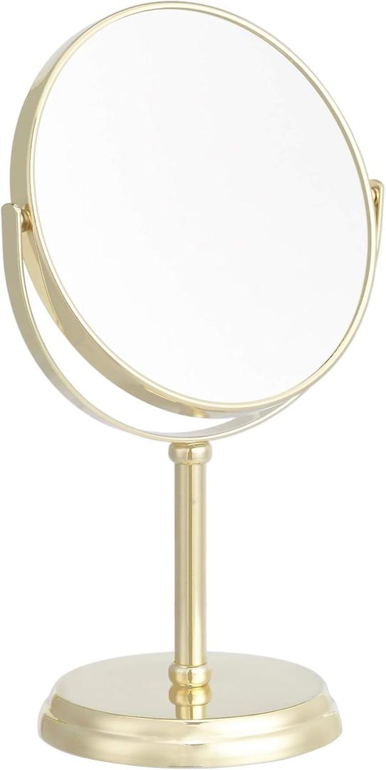 Amazon Basics Tabletop Magnifying Mount Vanity Round Mirror, 1X/5X Magnification, Iron Frame, 7.2"L x 4.92"W, Gold