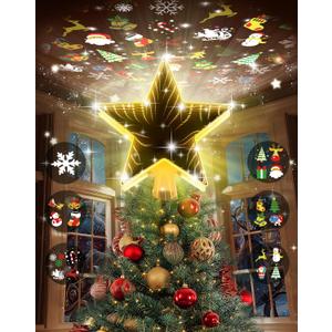 Christmas Tree Topper with 6 Projection Modes, Christmas Star Tree Topper with Built-in Rotating Projector, 104 LED Warm Lights 3D Tunnel Dynamic Lighting Effect Christmas Tree Decoration