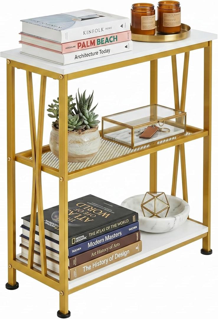 Narrow Side Table, End Table with 3 Tier Storage Shelves, Industrial Rustic Accent Skiny End Tables for Small Spaces, Slim Couch Beside Table, Small Hallway Table for Living Room (White+Gold), 9"D x 20"W x 24"H