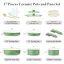 Bazova Ceramic Nonstick Cookware Set, Healthy,Non Toxic,17-Pieces Pots and Pans Set Removable Handles,Induction RV Kitchen Set,Stain & Scratch-resistant,Dishwasher/Oven Safe,PFAS/PFOA Free,Cream White (Green)