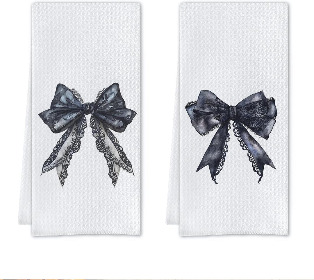Black Bow Bathroom Decor,Black Bows Towels,Gothic Bathroom Decor,Lace Kitchen Dish Towels, 16 X 24, Set of 2