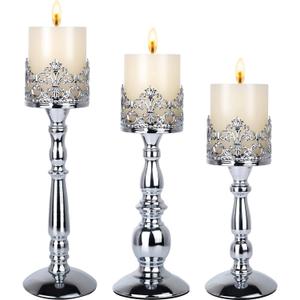 Candle Holders for Pillar Candles Set of 3 Silver Vintage Tall Candle Holders Decorative Large Table Centerpieces Candle Stand Decor