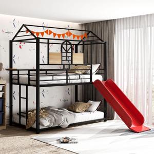 Twin Over Twin Metal Bunk Bed with Slide and House Design, Black Bed Frame with Red Slide