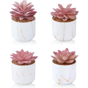ZENIDA Succulent Artificial Plants, Cute Fake Succulents in 4 White Ceramic Pots, Small Fake Plants for Office, Table, Desk, Bathroom, Bedroom, Aesthetic Room Shelves Decor, Desk Decorations for Women Office