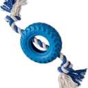 Pet Passion Natural Rubber Tire and Organic Cotton Rope Pull and Chew Dog Toy for All Pet Breeds, Blue, One Size