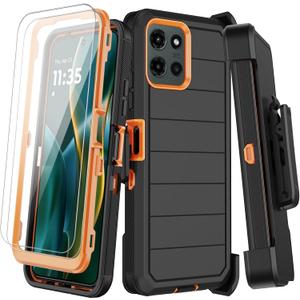 for Motorola Moto G 5G 2025 Case with Belt Clip Holster, 2X Screen Protector, Heavy Duty Shockproof Drop Protection Military Grade Rugged Full Body Phone Cover with Kickstand (Black Orange)