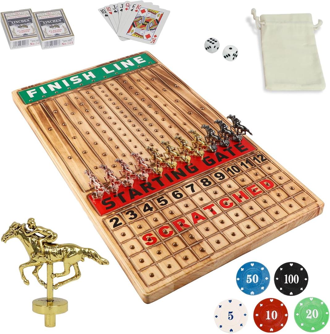 HOROW Horse Racing Board Game, 21 inch Horse Racing Game with 100 Chips, 11 Metal Horse, 2 Dice and 2 Decks of Cards, Ideal as a Birthday, for Family Nights and Birthday Parties