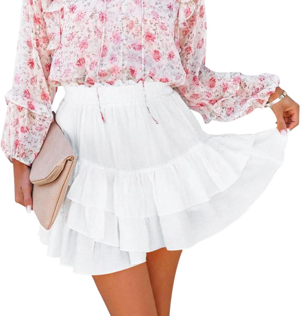 Flowy Shorts for Women Casual Ruffle Tiered Skorts High Waist Mini Tennis Golf Skirt Boho Summer Shorts (Medium, White)