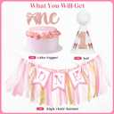 3PCS Pink Bow 1st Birthday Highchair Decorations for Baby Girl Pink Bow 1st Birthday Highchair Banner One Cake Topper Hat for Princess Fairy Girls Just Wanna Be One Party Supplies
