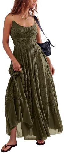 Gacaky Summer Dress for Women Casual Lace Floral Embroidered Bohemian Maxi Dress Flowy A Line Beach Long Dresses.M