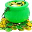 4E's Novelty 5 Inch St Patricks Day Pot of Gold Decorations with 100 Lucky Coins - Green Pot of Gold Cauldron Plastic Bucket for Leprechaun Decorations, Green & Gold Coins Plastic