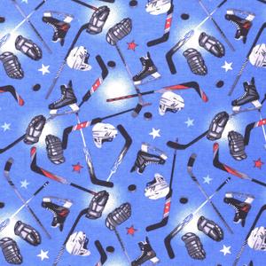 Mook Fabrics Flannel PRT Hockey Stick Helmets Pucks, Blue Cut by The Yard