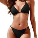 Zuvebamyo Women's Two Piece Bikini Sets Sexy Halter Ring Swimsuit Triangle String Cheeky Bathing Suit Black, Small