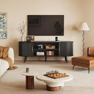PRAISUN 54 Inch Fluted TV Stand for TVs up to 55 Inch, TV Media Console with Power Outlets and USB-C Port, Entertainment Center with Storage, Curved Sliding Doors, Adjustable Shelf, Black, 53.9 Inch