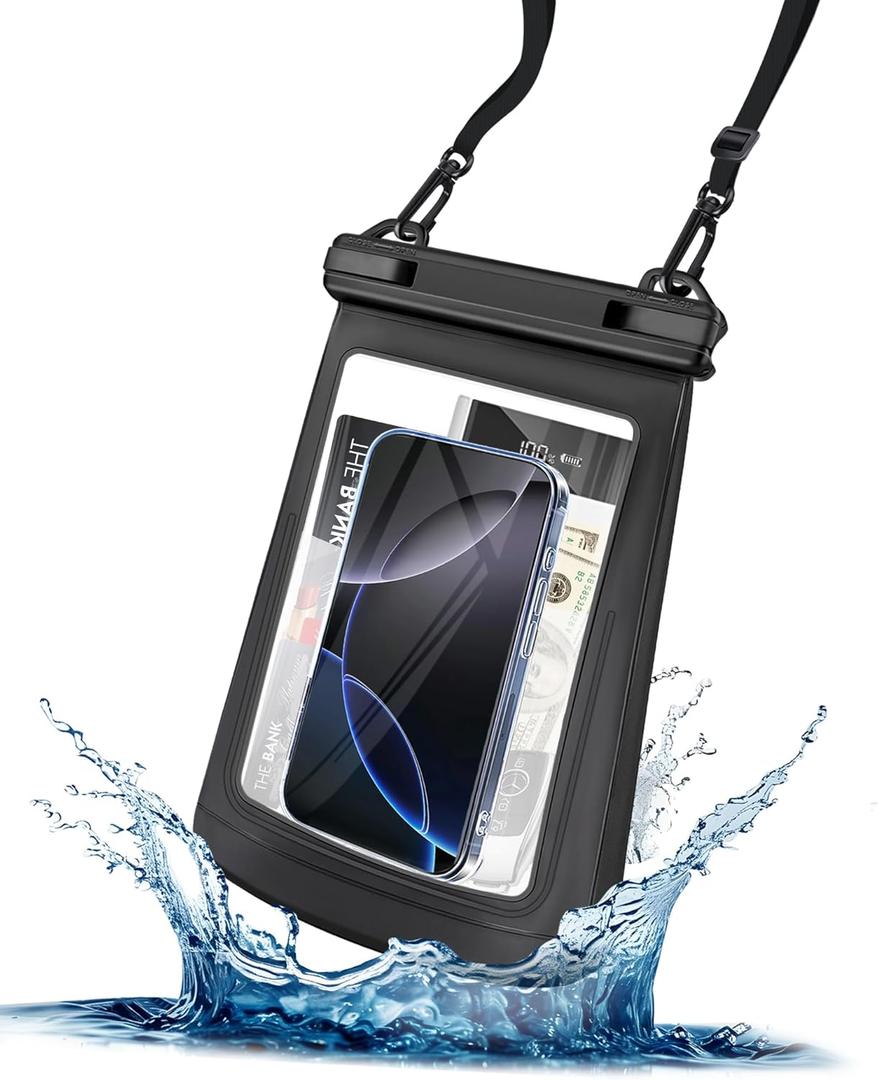 Large Waterproof Phone Pouch - [Oversized] [Floating] Water Proof Pouch for iPhone Galaxy Google and More, IPX8 Waterproof Dry Bag for Beach Vacation Belongings Clear Black (Extra Large (Up to 10.5"))