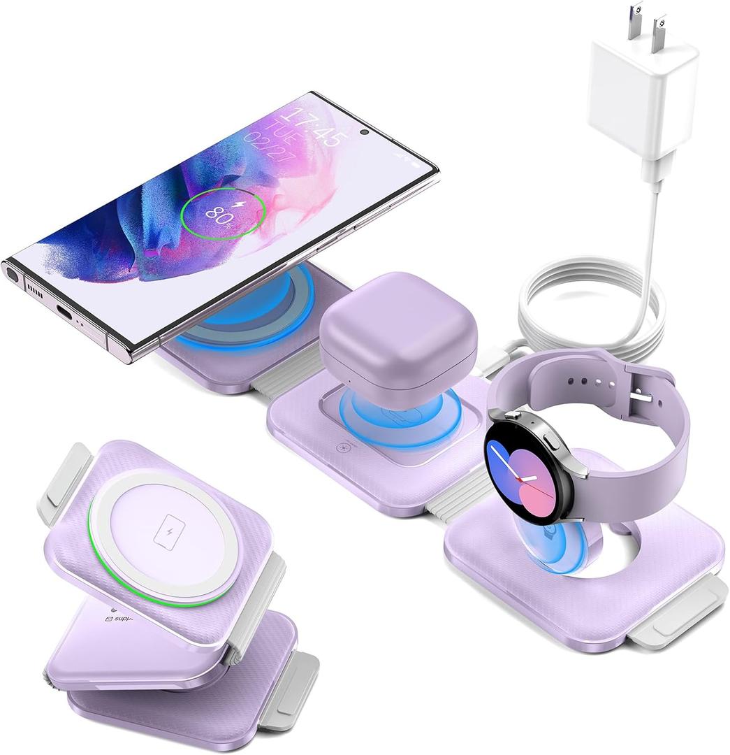 Pocket Wireless Charger for Samsung Android Phone, Foldable Travel Wireless Charging Station/Stand Compatible for Samsung S25 Ultra/S24/Z Flip 6/5, Watch Charger for Samsung Watch 7/Buds Pro3/2(Purple)